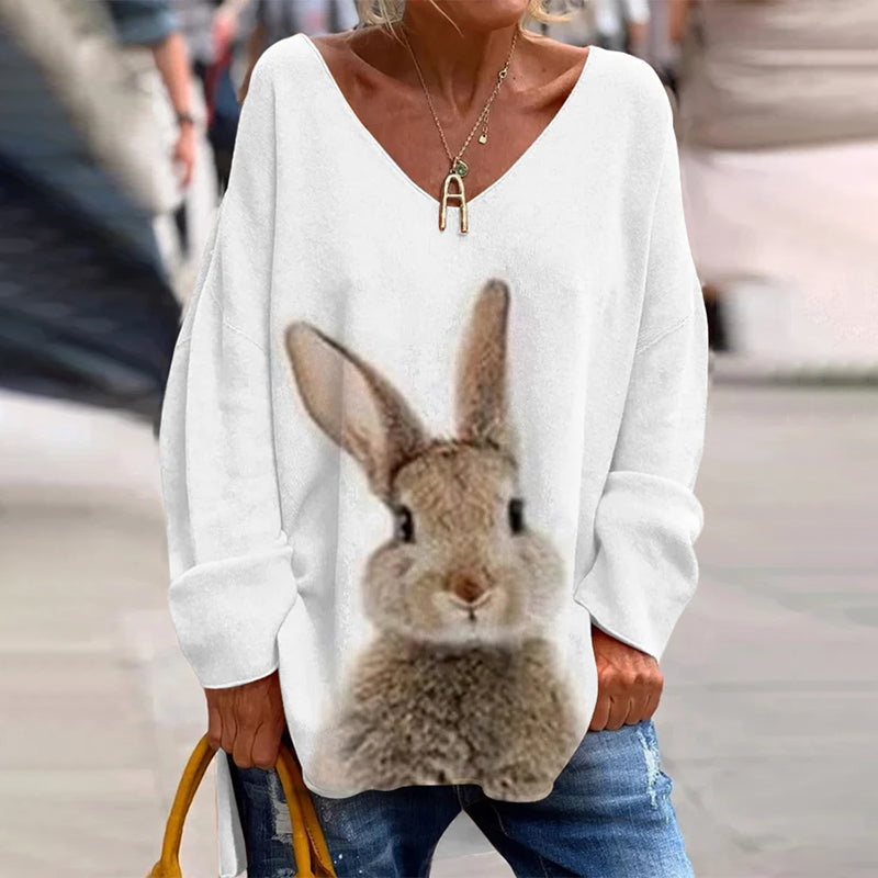 Women's Easter Funny Bunny Print Casual V-Neck T-Shirt artswardrobe
