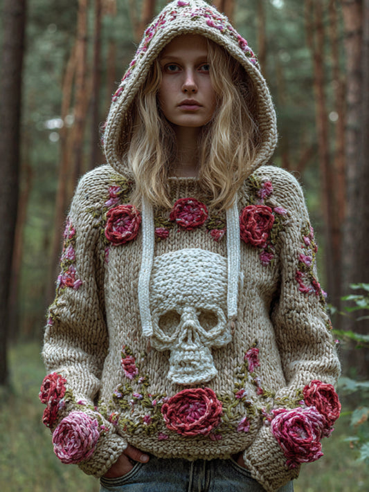 Women Halloween Skull Romantic Rose Vintage Hooded Sweater artswardrobe
