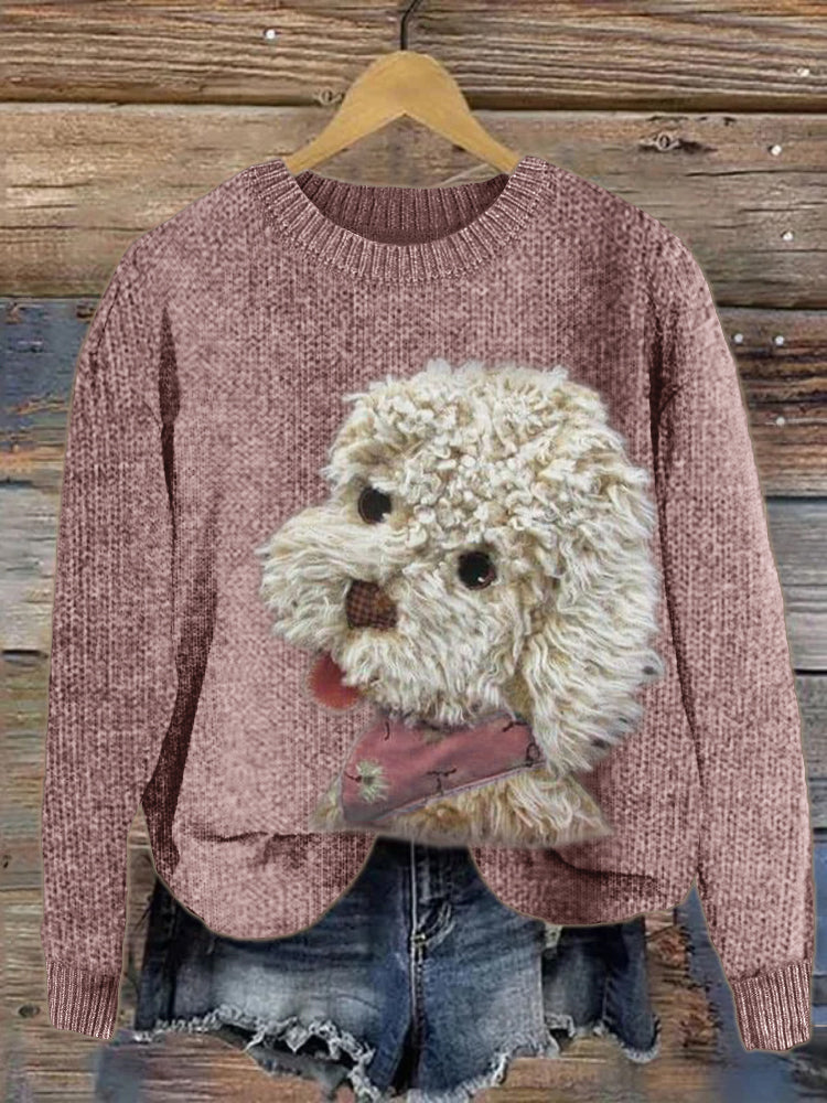 Comstylish Fuzzy Dog Plush Patchwork Knit Sweater
