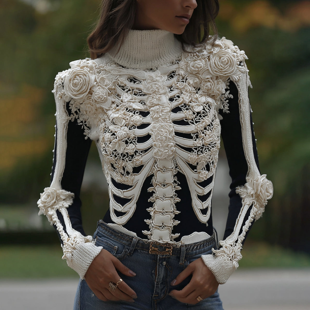 Women's Vintage Halloween Skeleton Bones With Roses Art Knitted Warm Turtleneck Sweater artswardrobe