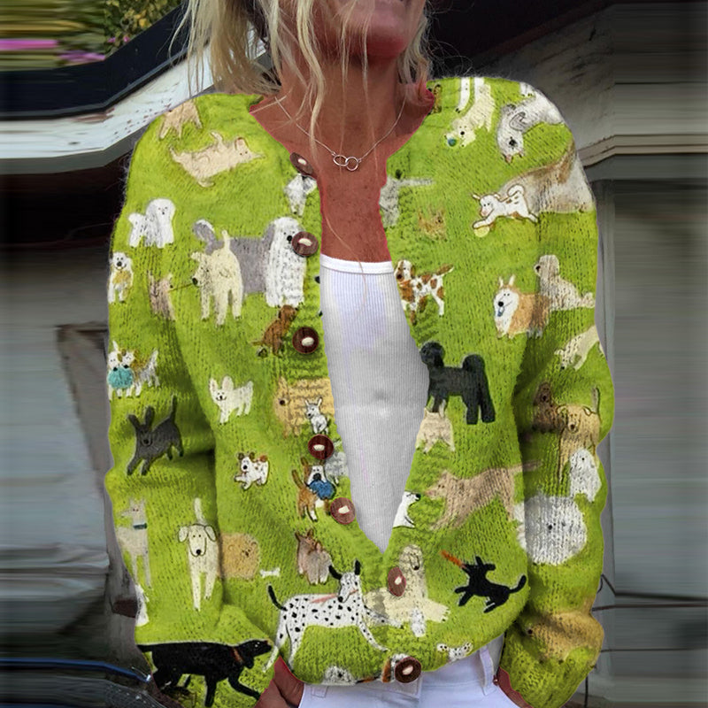 Comstylish Dog Art Print Knitted Cardigan