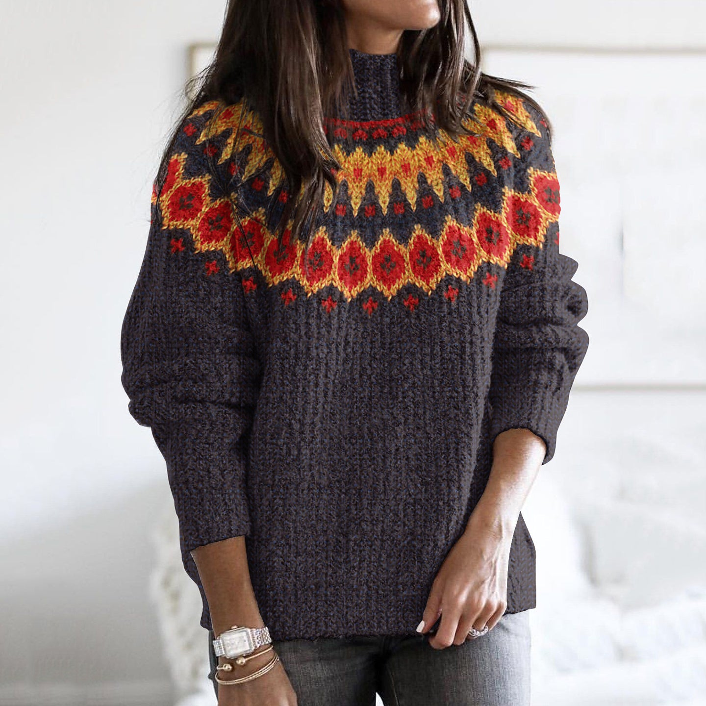 Vintage Tribal Knit Jacquard Turtleneck Sweater elevenforest