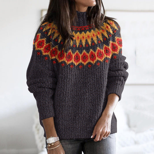 Vintage Tribal Knit Jacquard Turtleneck Sweater elevenforest