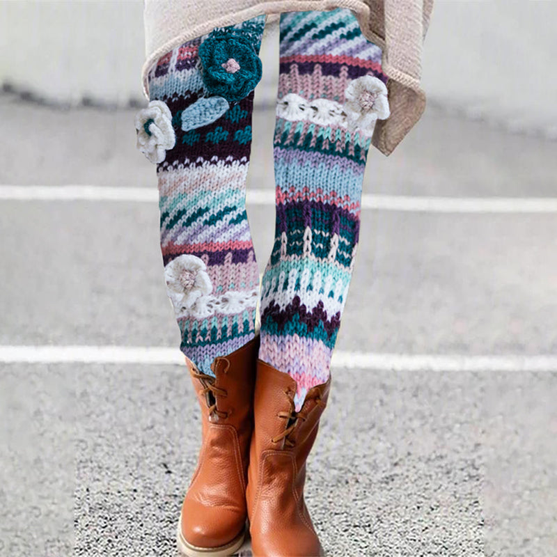Vintage Fair Isle Floral Knitted Art Comfy Leggings elevenforest