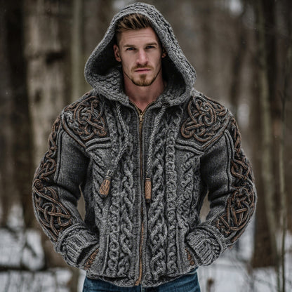 Men's Vintage Viking Celtic Knot Art Chunky Knit Hooded Zip-up Sweater elevenforest