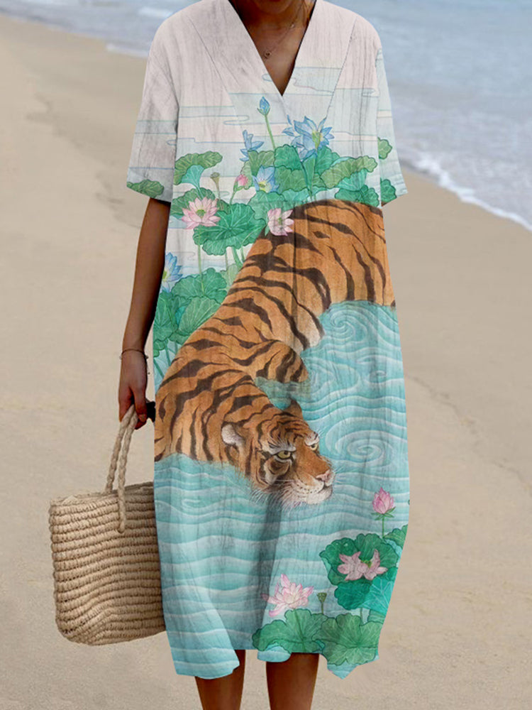 Aqua Tiger Water Lily Art Pattern Women'S Dress
