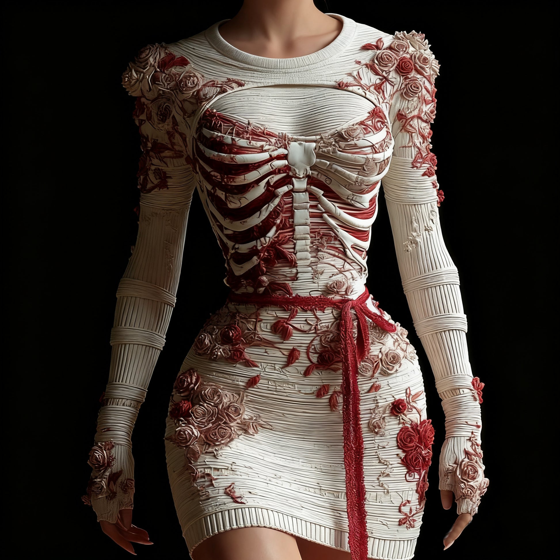 Vintage Skeleton Anatomy Roses Crew Neck Sweater Dress artswardrobe