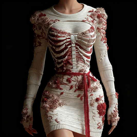 Vintage Skeleton Anatomy Roses Crew Neck Sweater Dress artswardrobe