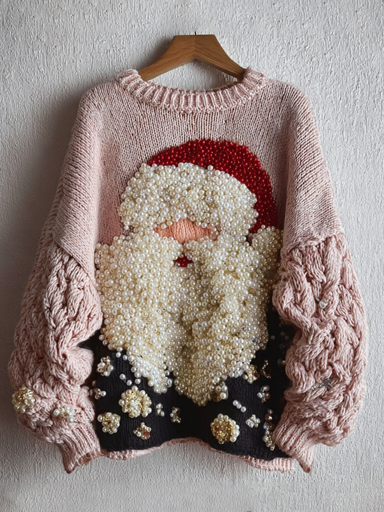 Santa Claus Embroidered Pearl Crew Neck Sweater artswardrobe