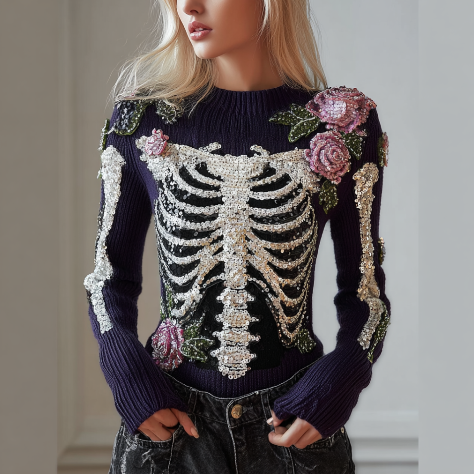 Halloween Skeleton And Plant Flower Pattern Combined Design Women's Knitted Sweater artswardrobe