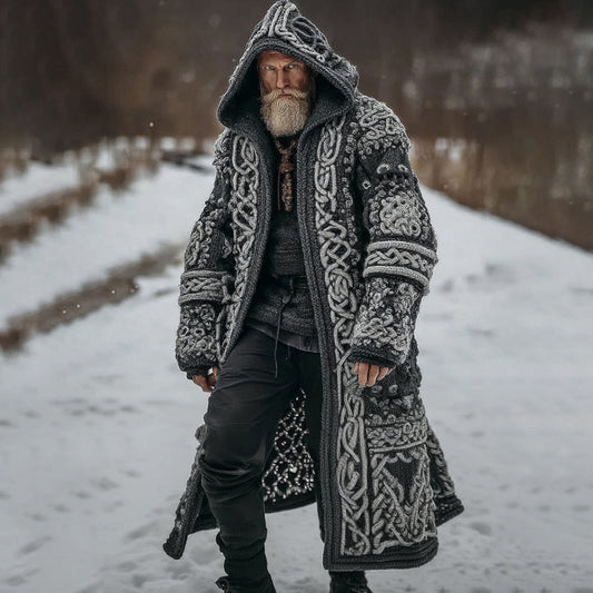 Men's Viking Celtic Knot Art Pocket Mid-length Hooded Cardigan Sweater artswardrobe