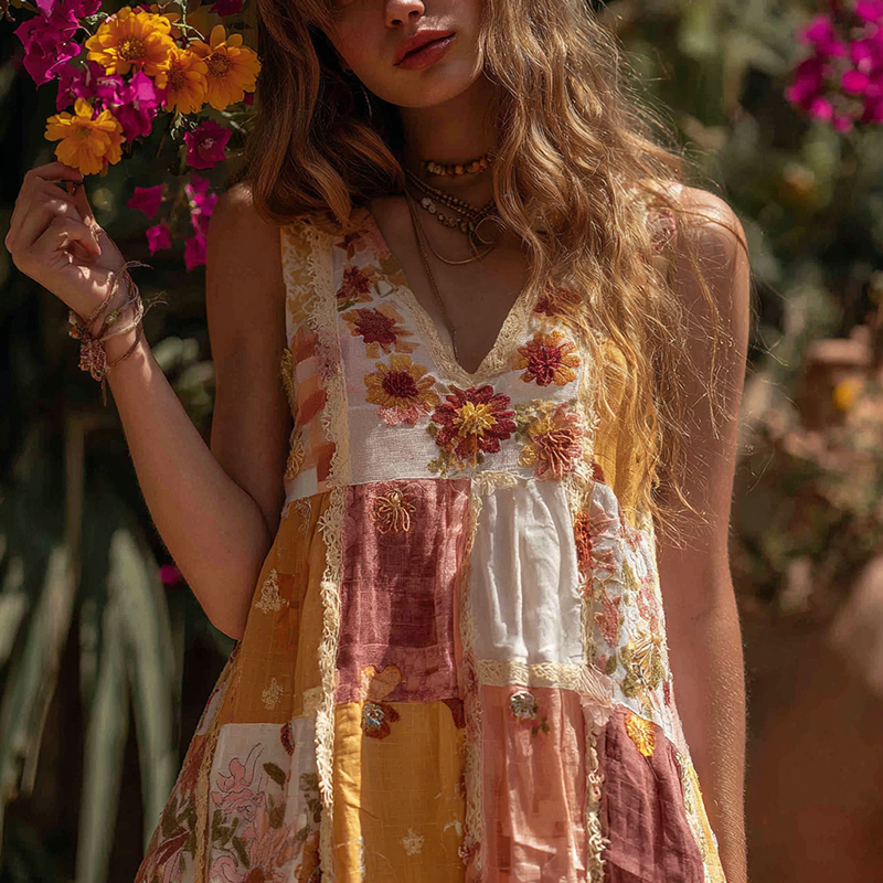 Women's Vintage Floral Color Block Linen Sleeveless Tank Top artswardrobe
