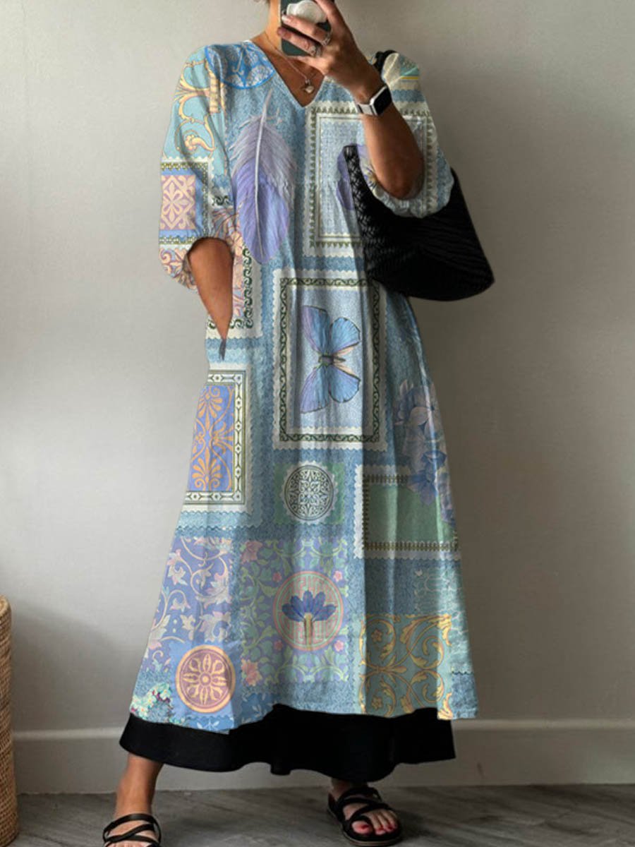 Women's Vintage Lovely Floral Art Print Pocket V-neck Cotton Dress