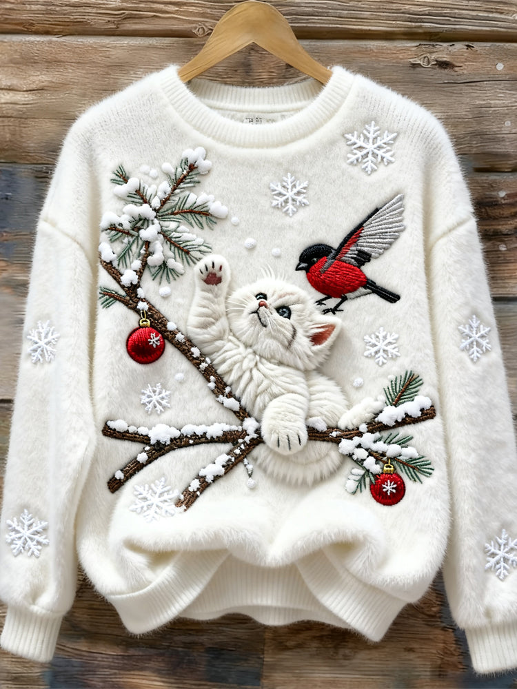Christmas Cat & Bird Embroidered Women's Soft Plush Sweater