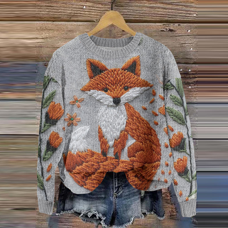 Fox Floral Women'S Crew Neck Knitted Sweater artswardrobe