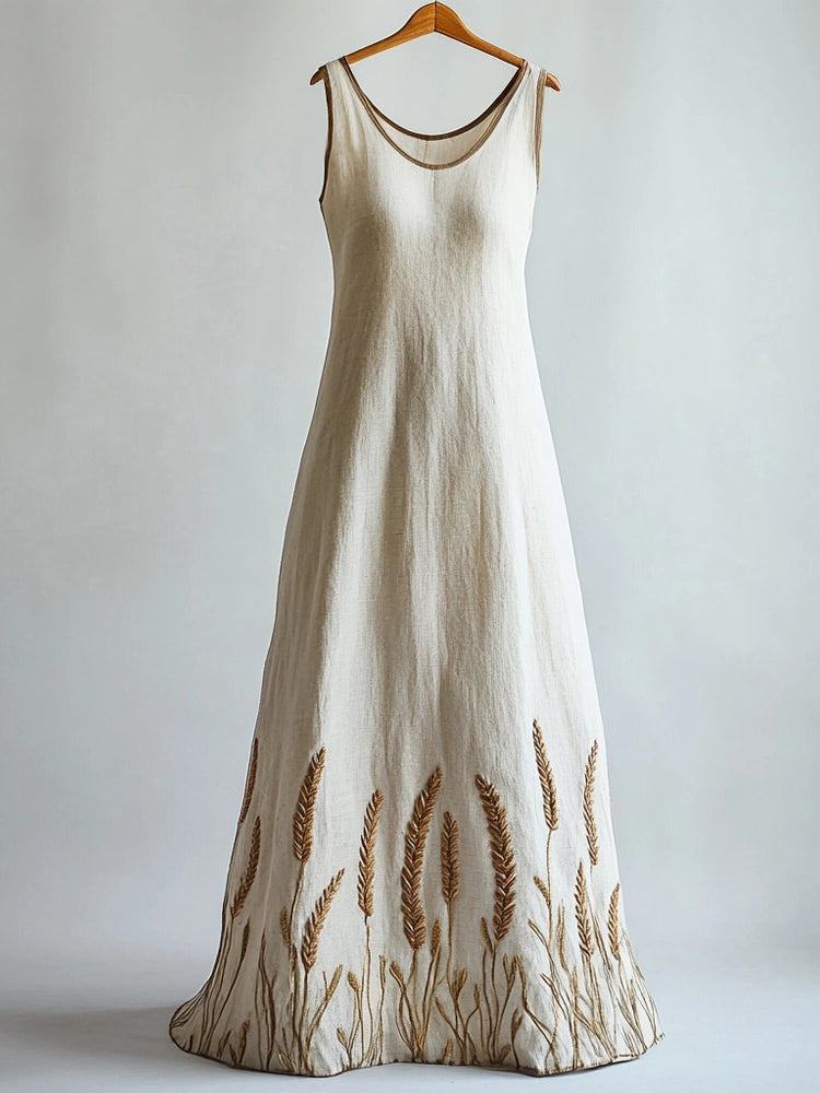 Lammas Wheat Embroidered Linen Maxi Tank Dress artswardrobe