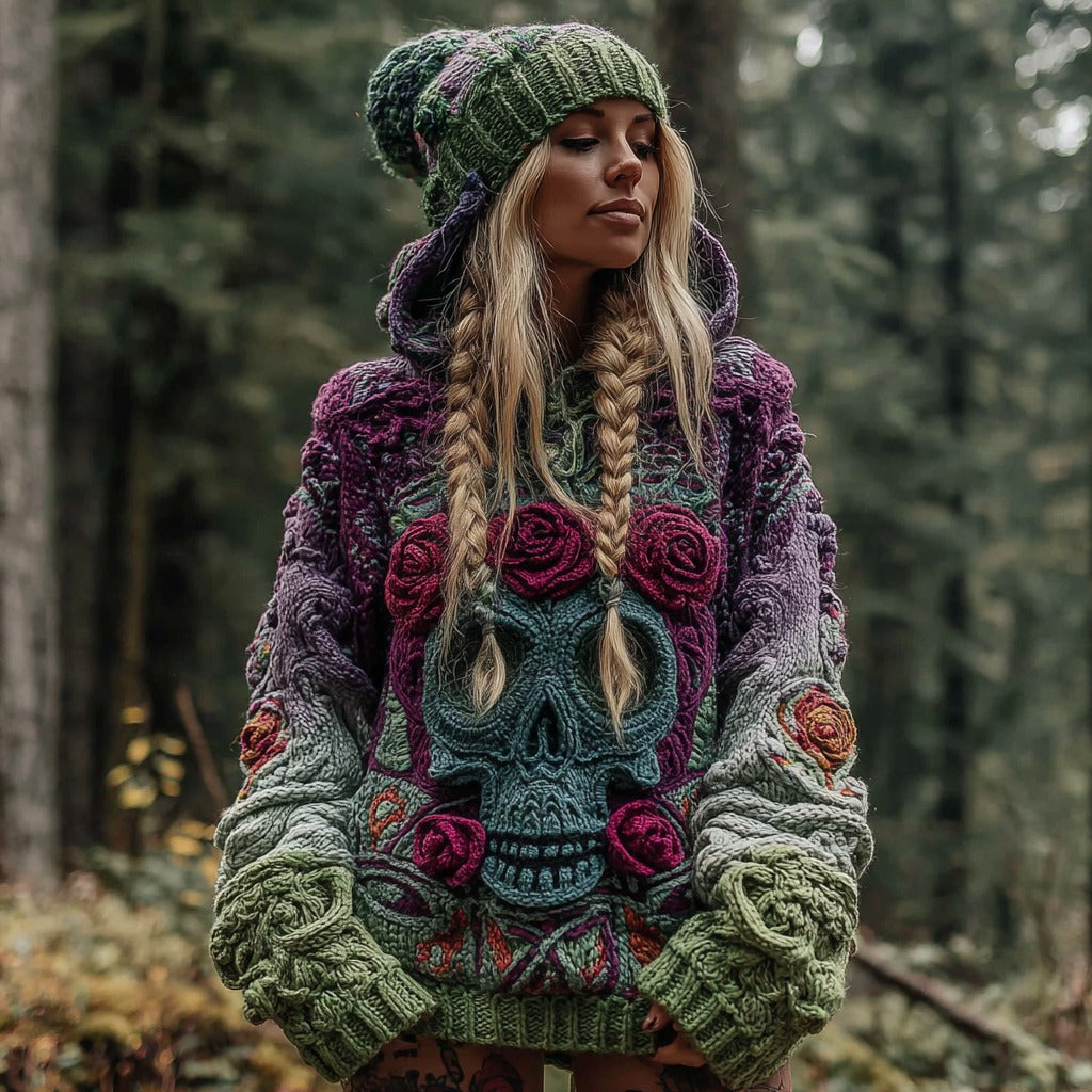 Women's Vintage Viking Skull And Rose Gradient Knit Hooded Sweater artswardrobe