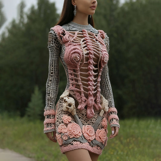 Women's Halloween Skeleton Bones With Rose Art Cozy Knit Mini Sweater Dress artswardrobe