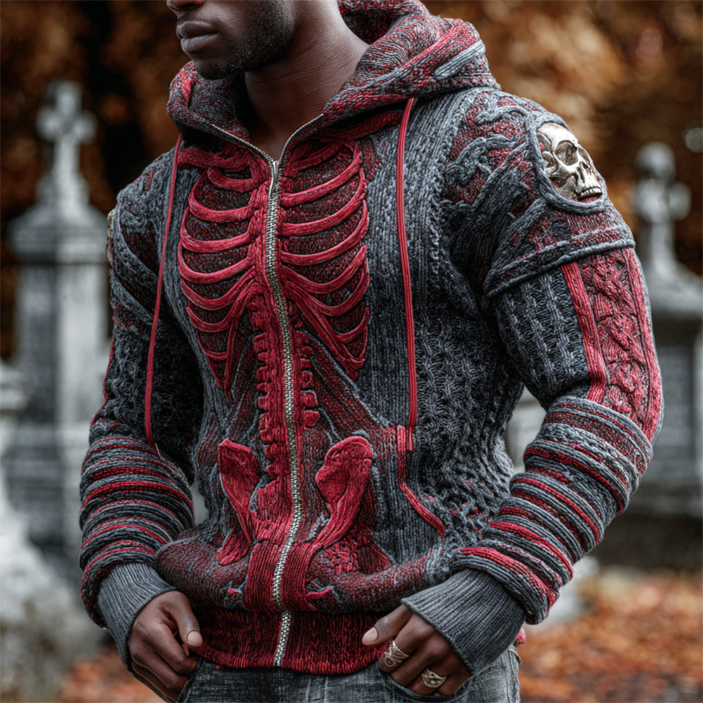 Halloween Bloody Skeleton Art Men's Knit Hooded Zip-up Sweater artswardrobe