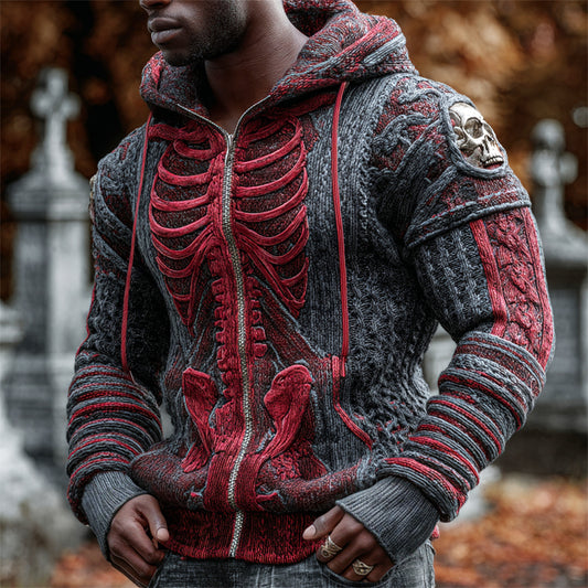Halloween Bloody Skeleton Art Men's Knit Hooded Zip-up Sweater artswardrobe