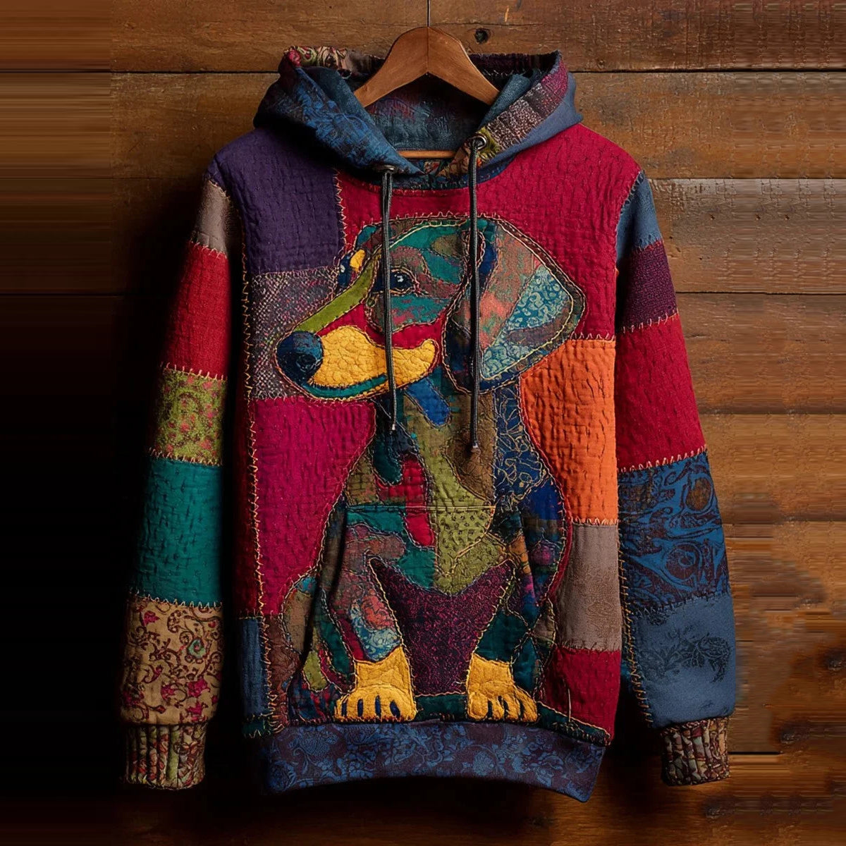 Comstylish Vintage Lovely Cute Dachshund Patchwork Inspired Washed Hoodie