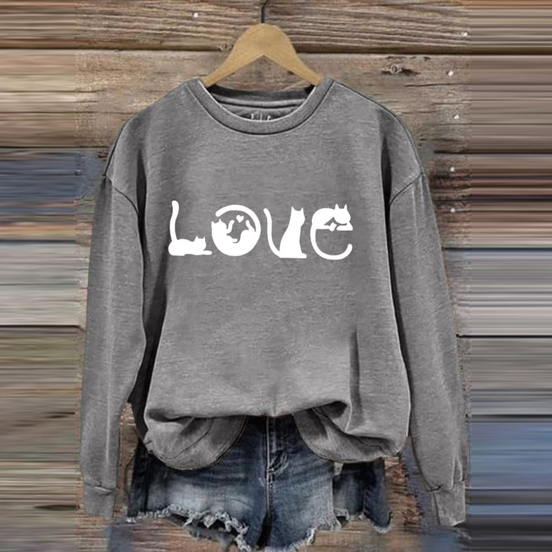 Comstylish Cat Love Printed Round Neck Casual Sweatshirt
