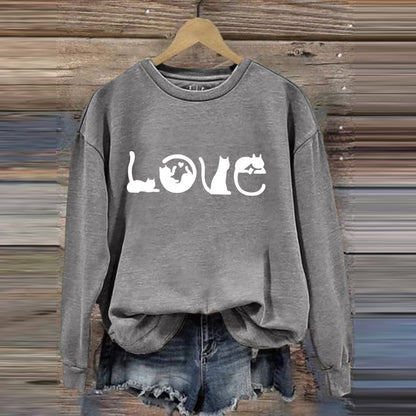 Comstylish Cat Love Printed Round Neck Casual Sweatshirt