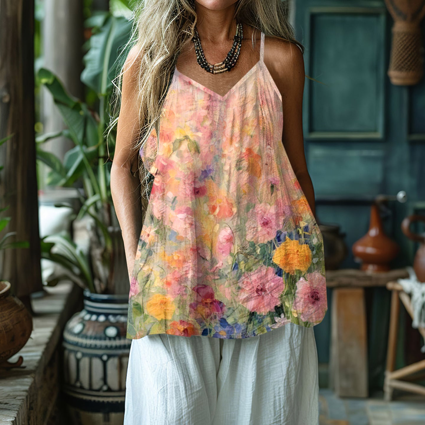 Vintage Floral Art Pattern V-neck Top artswardrobe