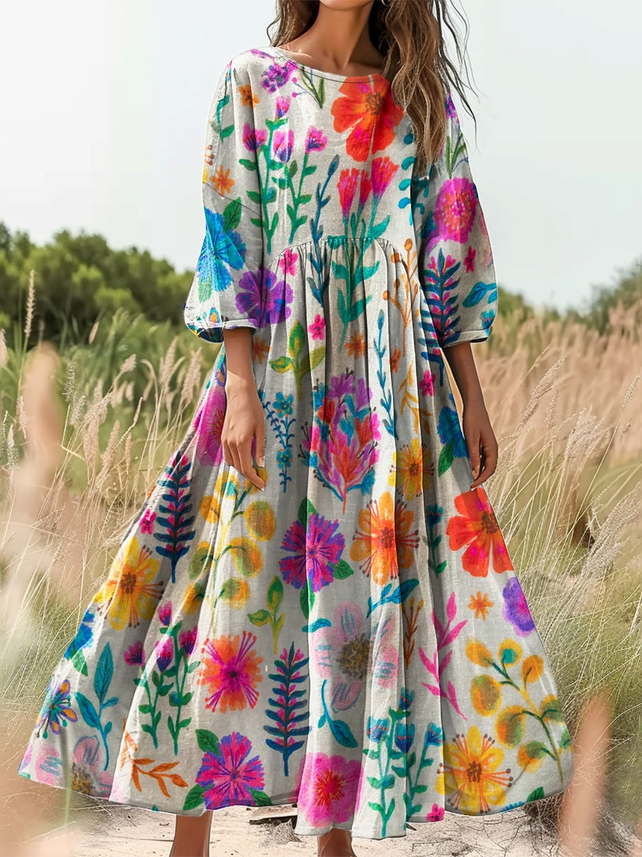 Women's Bohemian Floral Print Flowy Cotton Crew Neck Dress