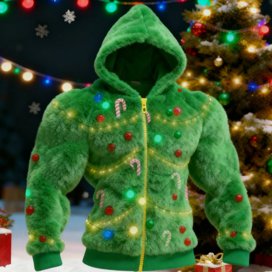 Comstylish Men's Cosplay Christmas Tree Pattern Zipper Ugly Hooded Sweater