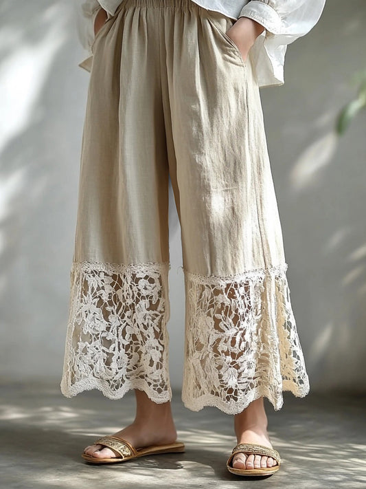 Vintage Hollow Floral Lace Patchwork Flowy Linen Pants artswardrobe