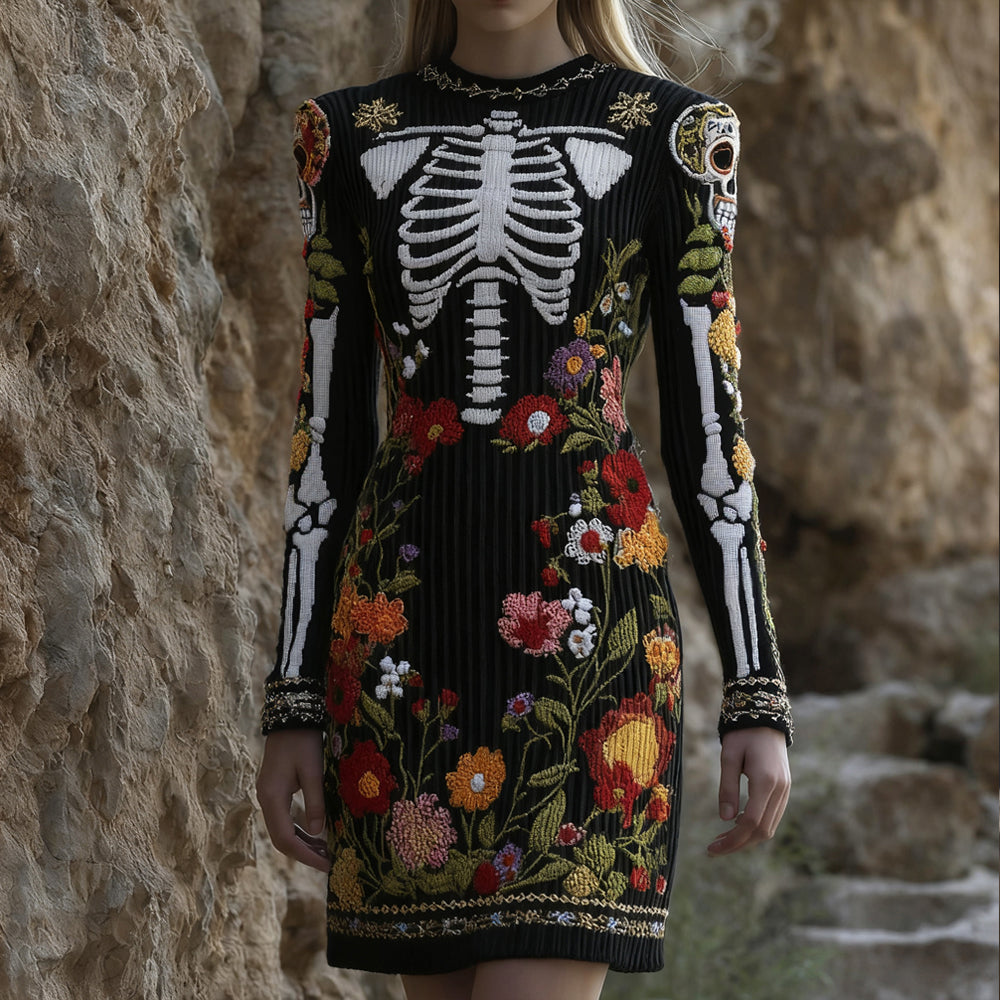 Women's Vintage Halloween Skeleton Bones And Flower Comfortable Elegant Sweater Dress artswardrobe
