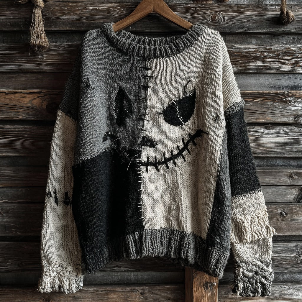 Halloween Spooky Face Contrast Stitched Cozy Knit Sweater elevenforest