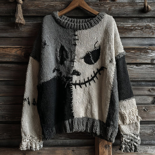 Halloween Spooky Face Contrast Stitched Cozy Knit Sweater elevenforest