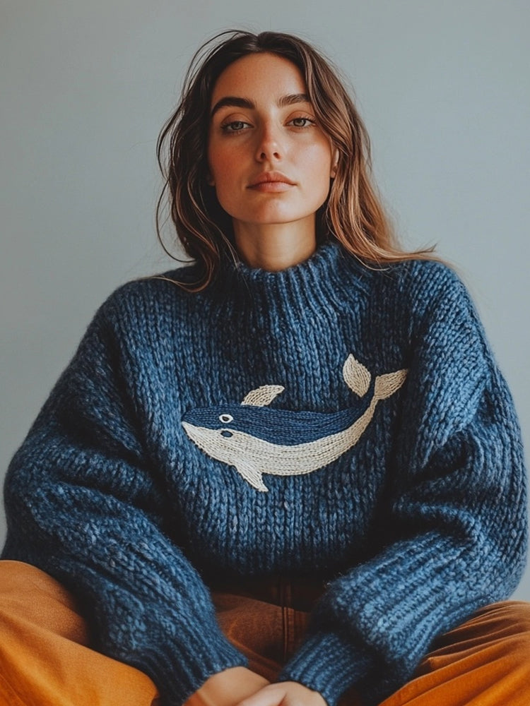 Maglione in cotone a maglia grossa con motivo di balena ricamato, colore blu oceano