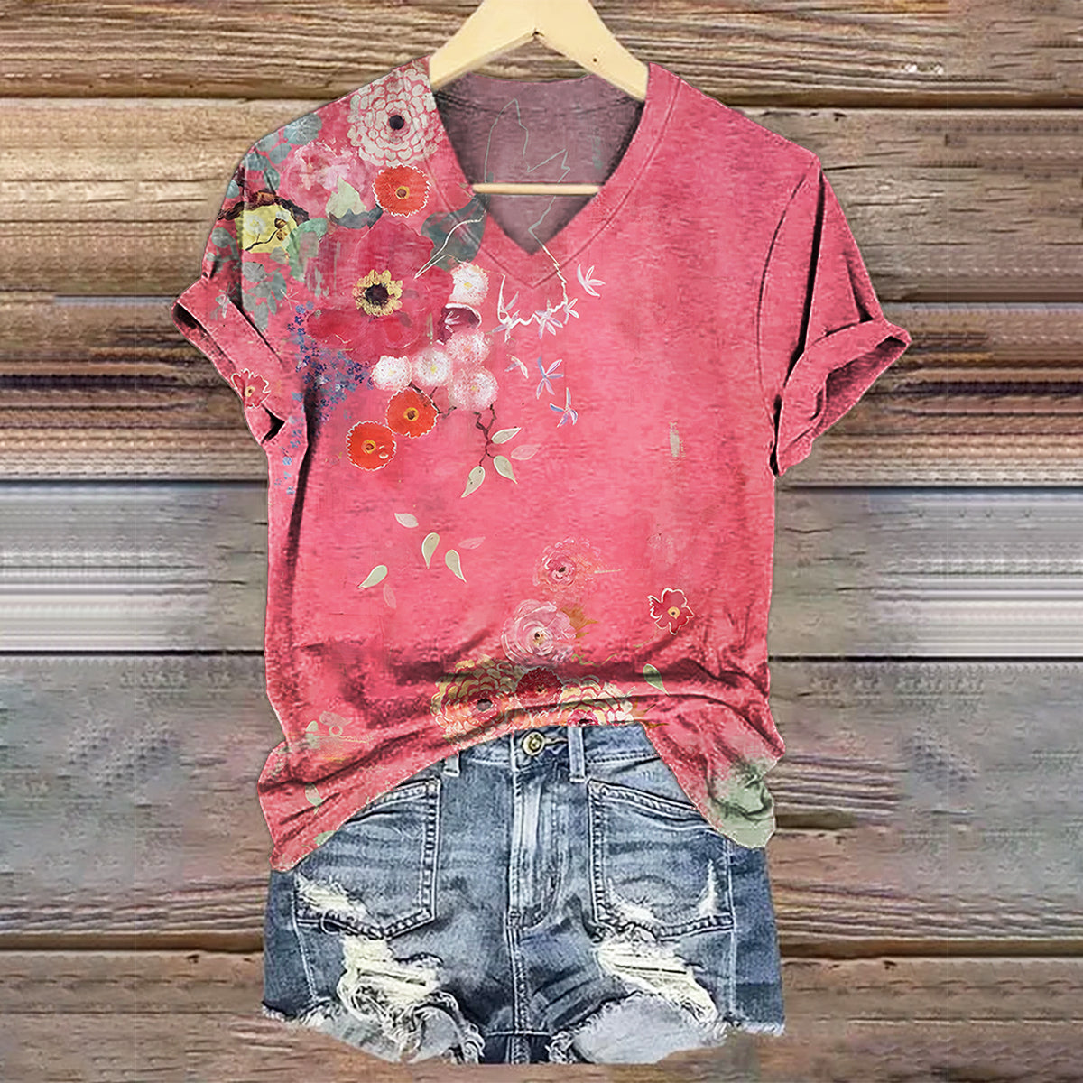 Women's Floral Art Print V-Neck Casual T-Shirt