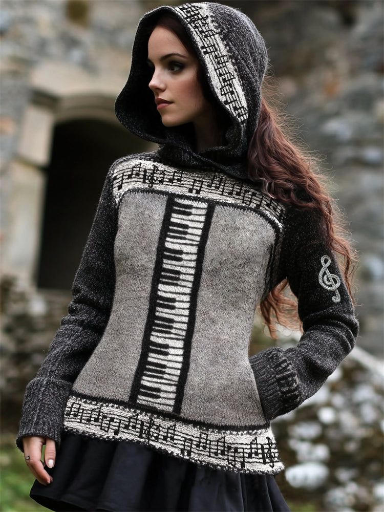 Music Notes & Piano Inspired Knit Contrast Color Hooded Sweater elevenforest