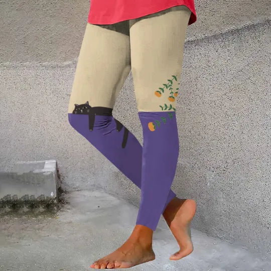 Comstylish Abstract Creative Lazy Black Cat Painting Art Casual Leggings