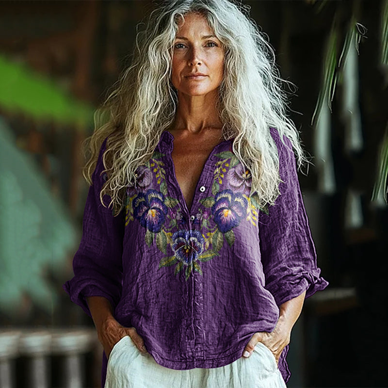 Comstylish Vintage Violet Floral Art Cotton Linen Button Casual Shirt