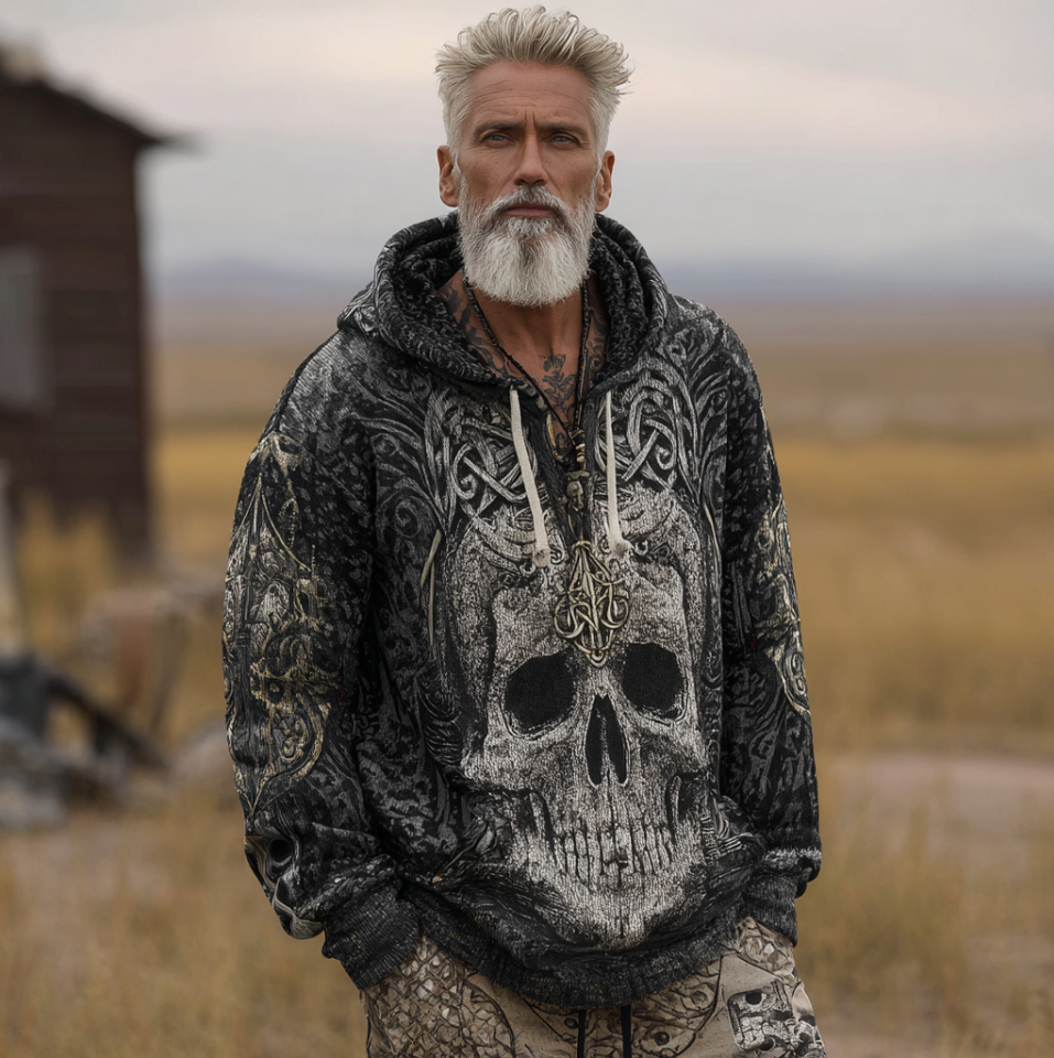 Halloween Skeleton Element Viking Style Men's Hooded Pullover Knit Sweater artswardrobe