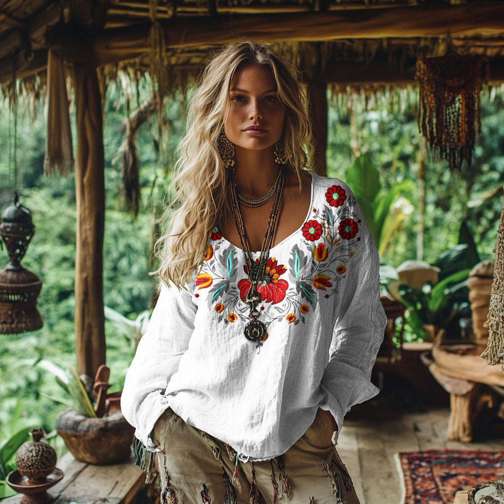 Comstylish Vintage Bohemian Floral Embroidered Linen Shirt