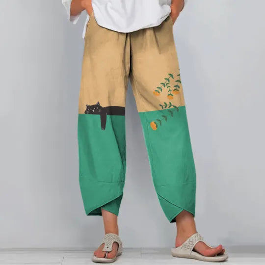 Abstract Creative Lazy Black Cat Painting Art Casual Pants elevenforest