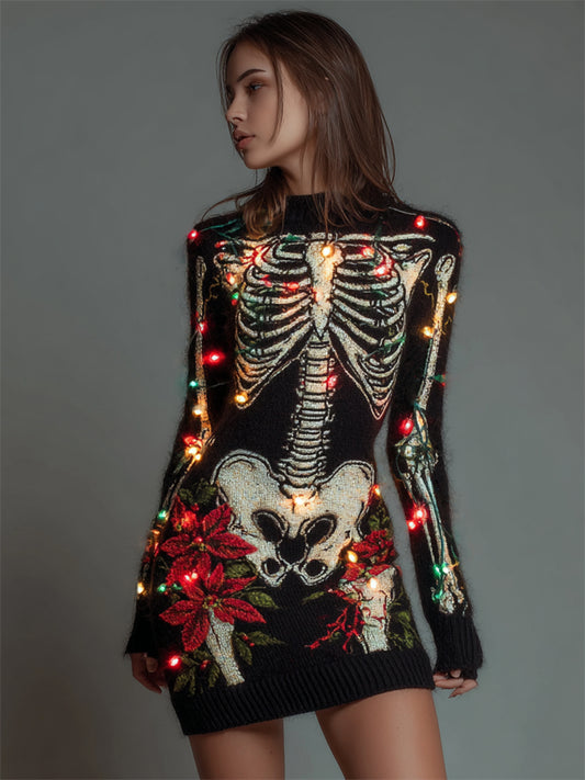 Comstylish Christmas Lights Tangled Skeleton Floral Cozy Sweater Dress