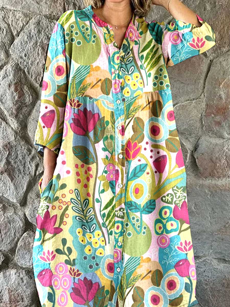 Women's Resort Art Watercolor Floral Cotton Shirt Dress