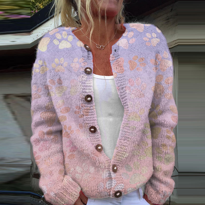 Comstylish Gradient Dog Paw Print Knitted Cardigan