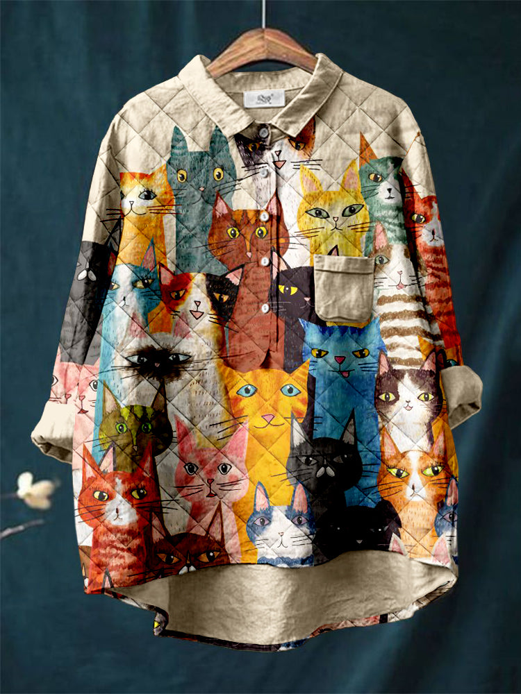 Lovely Cats Pattern Linen Blend Cozy Tunic elevenforest