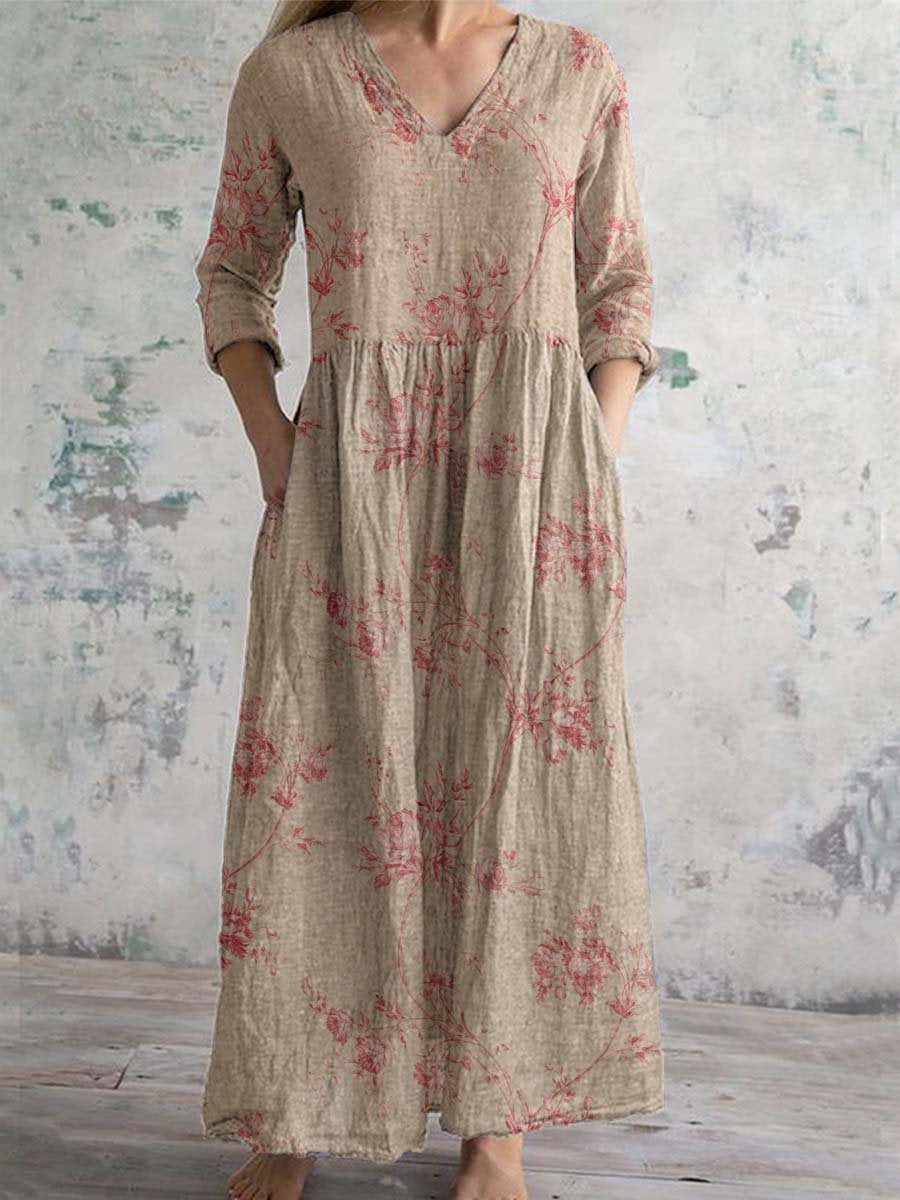 Women's V-Neck Elegant Vintage Floral Cotton Dress with Pockets