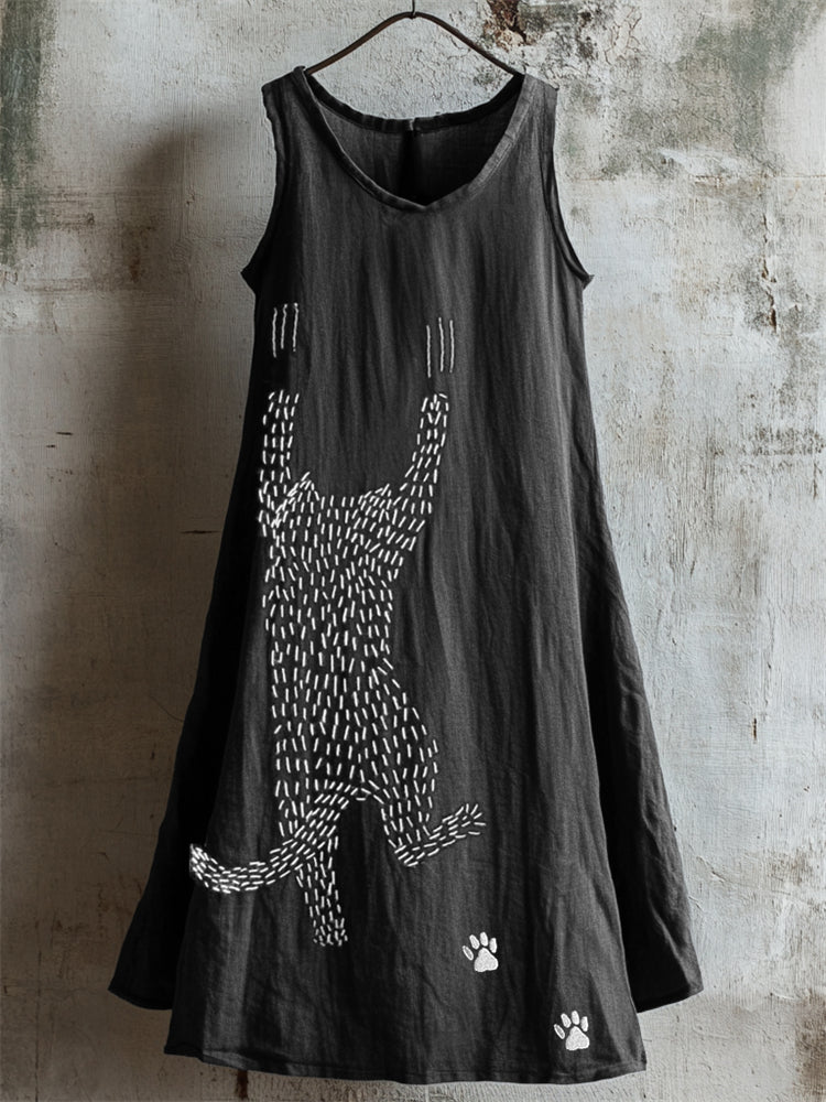 Comstylish Funny Hanging Cat Embroidered Linen Tank Dress