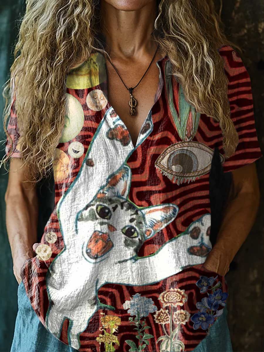 Women's Cat Ripple Pattern Art Print Casual Short Sleeve Comfortable C