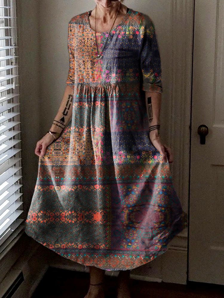 Women's Vintage Floral Patchwork Pattern Art Print Pocket Cotton Dress